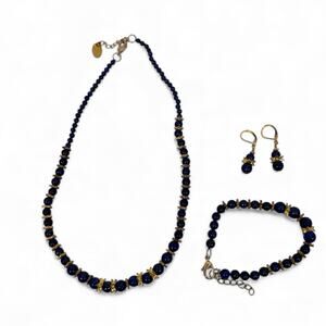 Stauer Lapis Lazuli Beaded Gold Tone Set Necklace Bracelet Earrings Vintage